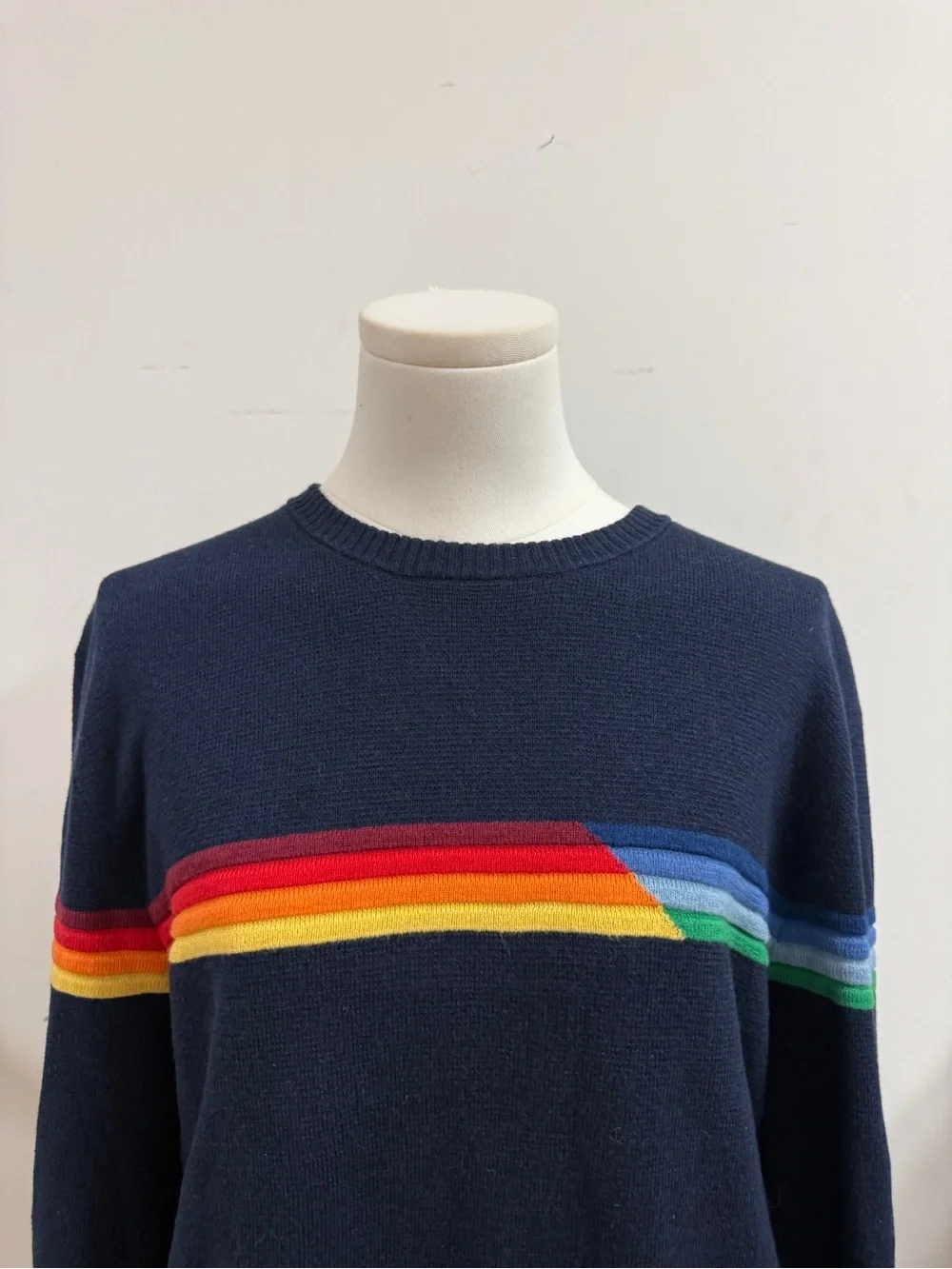 Marine Layer Navy Crewneck Sweater with Rainbow Chest Stripe